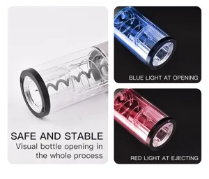 Electric wine opener detail view featuring transparent shell and LED indicator lights clearly.
