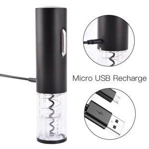 Electric wine opener detail view showing the Micro USB charging port and plug connector.