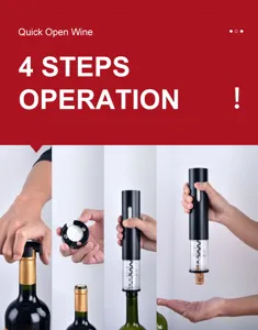 Detail view of the electric wine opener showing easy operation steps for effortless bottle opening.
