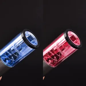 Electric wine opener set, transparent blue and red plastic casing, automatic bottle opener tool.