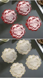 Detailed shot of exquisite rose shaped PVC gold stamped heat insulated coasters set.