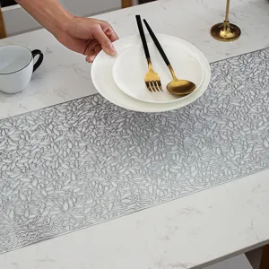 Silver PVC Hollow Table Runner Modern Floral Heat Insulation Mat Anti Slip Dining Table Decor