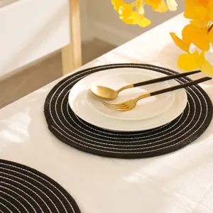 Ronde geweven katoenen placemat warmte-isolatiekussen zwarte tafelmat voor eetkamer