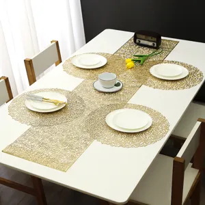 Gold PVC hollow placemat table runner set, modern home dining table decor heat insulation mat.