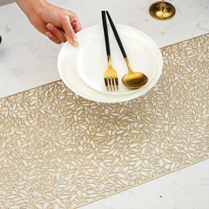 Gold hollow PVC table runner and placemat for dining table, modern anti-slip heat resistant mat
