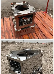 Détail du poêle à bois pliant d'extérieur en acier inoxydable pour le camping et la cuisson.