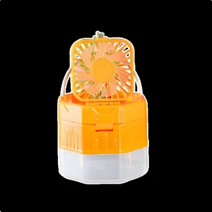 Outdoor camping fan light detail shot, portable USB rechargeable design with transparent base.