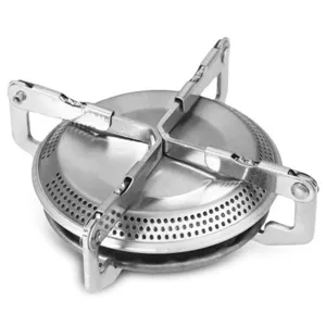 Close-up detail of the portable folding camping stove burner, compact stainless steel design.