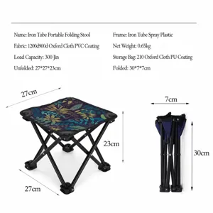 Portable folding stool detail size chart, iron frame with durable oxford cloth fabric.