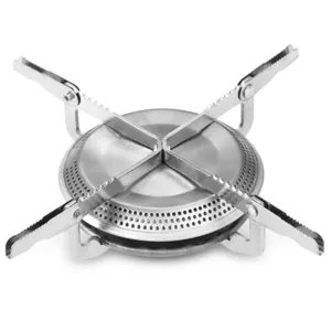 Portable mini outdoor camping gas stove burner head detail, stainless steel folding bracket.