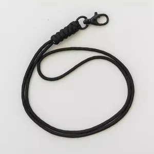 Black handmade woven paracord lanyard with metal lobster clasp for ID badge and phone.