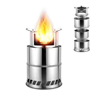 Stainless steel portable camping wood stove detail view showing disassembled components and burning flame.