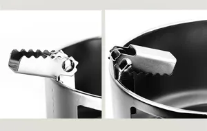 Stainless steel outdoor camping stove folding handle detail close up display view