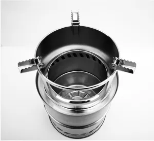 Stainless steel camping stove detail top view, portable folding wood burning stove design.