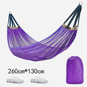 Purple mesh hammock with storage bag and ropes 260x130cm for outdoor camping use.