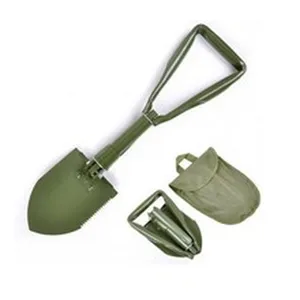 Vista dettagliata della pala militare pieghevole multifunzione con lama dentata e borsa.