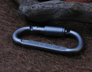 Close-up detail of grey aluminum locking carabiner hardware showing safety screw gate design.