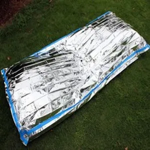 Detail view of emergency survival mylar thermal blanket displayed on outdoor green grass.