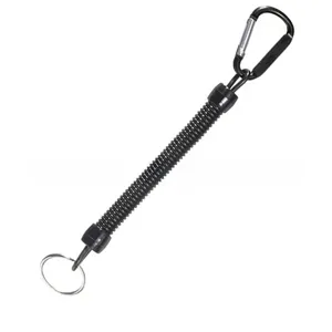 Detailed view of the black coiled spring fishing lanyard with carabiner and keyring loop.