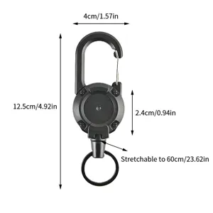 Detaillierte Produktansicht mit genauen Abmessungen des schwarzen Karabinerschlüsselrings.