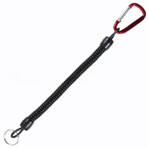Retractable coiled fishing lanyard with red carabiner and ring, durable lost-hand safety rope.