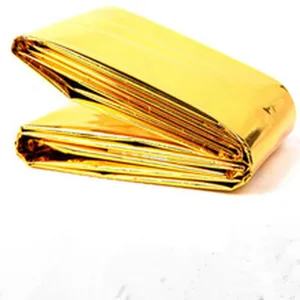 Detailed view of folded gold survival emergency thermal blanket for outdoor camping rescue.