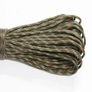 Close-up detail of military green tactical 7-strand paracord bundle for outdoor survival gear.