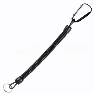Detail view of the black coiled fishing lanyard, featuring a metal carabiner and ring.