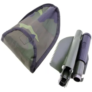 Pelle pliante militaire avec housse camouflage, outil d'extérieur multifonction avec bord dentelé.