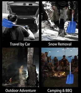 Detail view showing the blue folding shovel in outdoor camping and car travel scenarios.