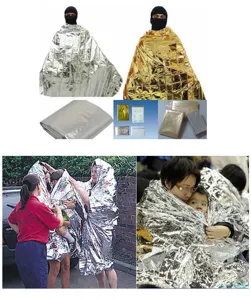 Coperta termica di emergenza, foglio Mylar oro e argento per soccorso e sopravvivenza all'aperto.