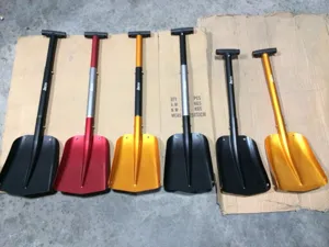 Portable aluminum folding shovel for outdoor camping, hiking, and snow emergency use.