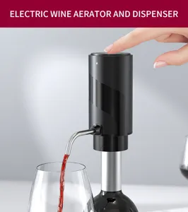 Vue detaillee aerateur de vin electrique, bec verseur automatique en metal elegant.