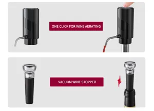 Vue détaillée d'aérateur de vin électrique et bouchon sous vide avec distribution automatique.