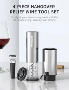 Set de tire-bouchon electrique a 4 pieces avec aerateur et bouchon pour degustation de vin.