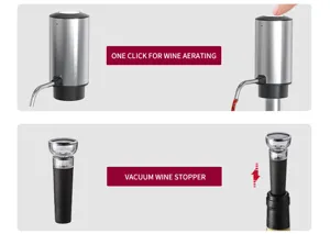 Detail aerateur de vin electrique et bouchon a vide pour service et conservation rapides.
