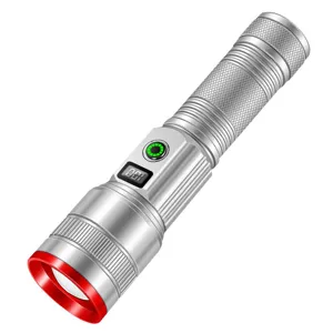 Lampe de Poche LED Rechargeable Haute Puissance Extérieure Laser Blanc Éclairage d'Urgence Torche Portable en Alliage d'Aluminium Argenté