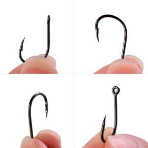 High strength eyed fishing hooks detail shot, durable black carbon steel fishing tackle accessory.