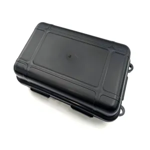 Waterproof plastic survival case detail, black shockproof storage box for outdoor camping.