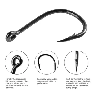 Professional carbon steel fishing hook with eye, sharp barbed tip and strong body for fishing.