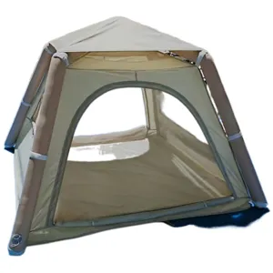 Inflatable camping tent detail showing sturdy air pillar support and mesh windows.