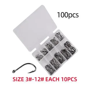 Detailed close-up view of assorted fishing hooks inside a clear plastic storage box, 100pcs.