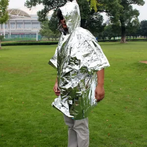 Outdoor emergency thermal poncho detail, silver foil insulation material for survival use.
