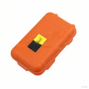 Orange waterproof survival box detail shot, shockproof plastic case for outdoor camping use.