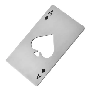Stainless steel ace of spades playing card bottle opener detail view, creative bar tool.
