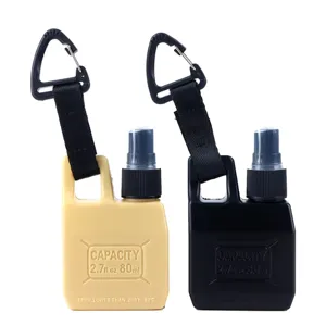 Portable 80ml jerry can spray bottle with carabiner for outdoor camping travel and use.