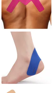 Gedetailleerd shot van kinesiotape op rug en enkel voor sportondersteuning en herstel.