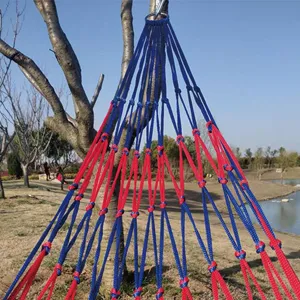 Outdoor nylon rope hammock swing, thickened weaving mesh bed for camping garden yard, blue red