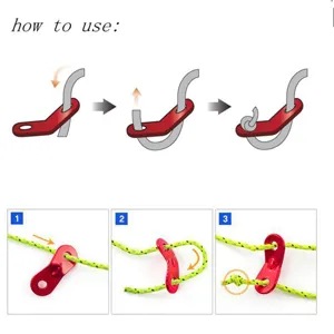 Detail view showing the double-hole aluminum alloy guyline cord adjuster for tent.