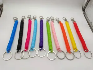 Colorful retractable spring keychain lanyard with metal clasp, flexible coil anti-lost rope.
